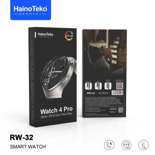 Haino Teko Germany Smart Watch 4 pro RW-32 with AMOLED Curved Glass Screen Real AMOLED Round Display Touch Screen with 3 pairs Strap Complete Fitness Tracker Watch