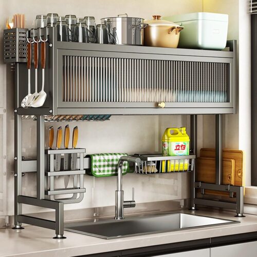 Over Sink Kitchen Dish Drying Rack with Visible Door, 3 Tier Carbon Steel Drainer Rack with Utensil Holder Dish Drainers for Kitchen Counter, Gray