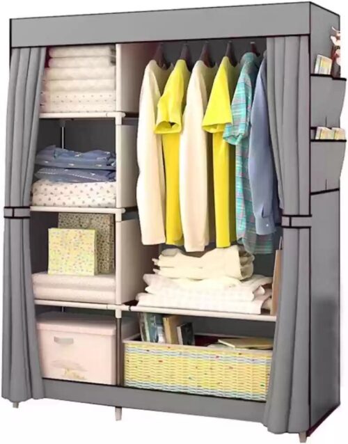 Heart Home Foldable Wardrobe for Clothes|Non Woven 2 Door Portable Clothes Rack|4 Shelves Almirah for Clothes (Grey)