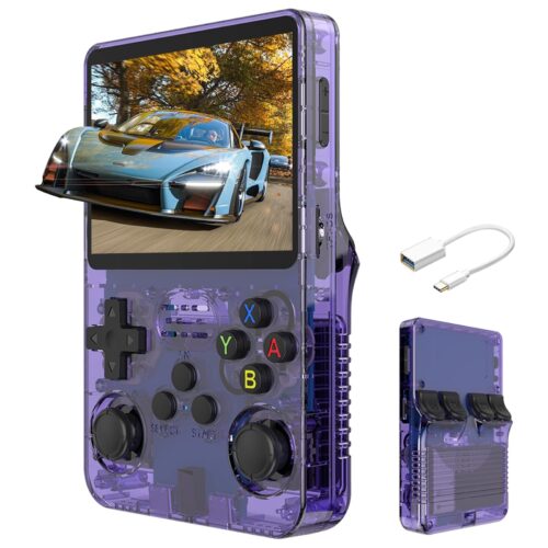 Lncboc R36S Handheld Game Console, 3.5 Inch Ips Retro Video Game Console Built-In 10,000 Classic Video Games 32Gb 64Gb Tf Purple
