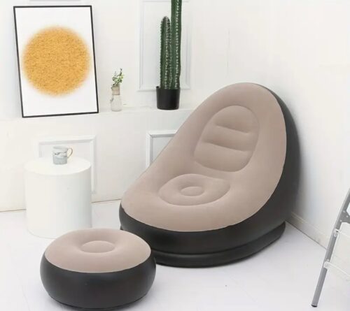 Home Flocked Inflatable Sofa Lazy Sofa Bed Gray Thickened with Footstool Outdoor Foldable Portable Lounge Chair European and American Style