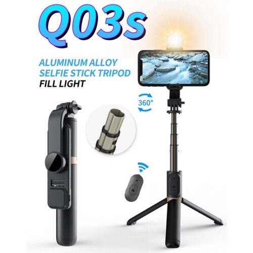 Q03s Aluminum Extendable Selfie Stick Tripod With Bluetooth Remote Fill Light Foldable Selfiestick