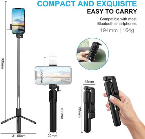 R1s Bluetooth Selfie Sticks with Remote and Selfie Light, 3-in-1 Multifunctional Selfie Stick Tripod Stand Mobile Stand Compatible with All Phones (Black)