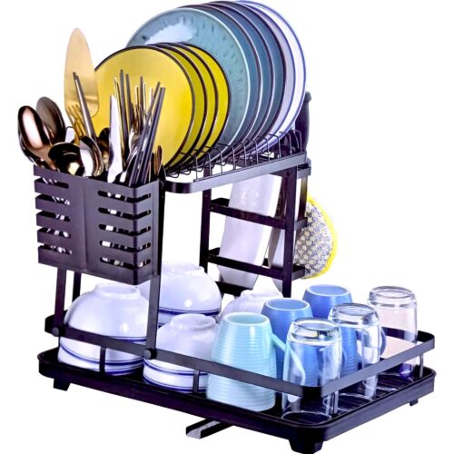 Kitchen Storage Rack | 2 Tier Stainless Steel Free Standing Storage Organizer | Dish Drainer with Drainboard for Kitchen Storage Plates Bowl Gloves Post Shovel Chopsticks (Black)Ro