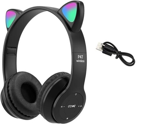 Cat Ears KT-49M Wireless Gaming Headset, LED Light Up Cat Ear Headset, Stereo Bluetooth Headset, for Kids and Adults, Over Ear (Black, KT-49M) Fs