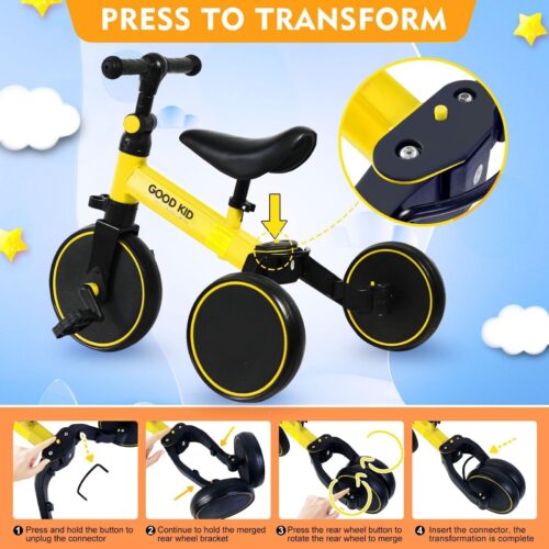 4 in 1 Kids Balance Bike Kids Tricycles for 1-4 Years, Toddlers Trike with Adjustable Seat Indoor Outdoor, Boys Girls Kids First Birthday Gifts Yellow