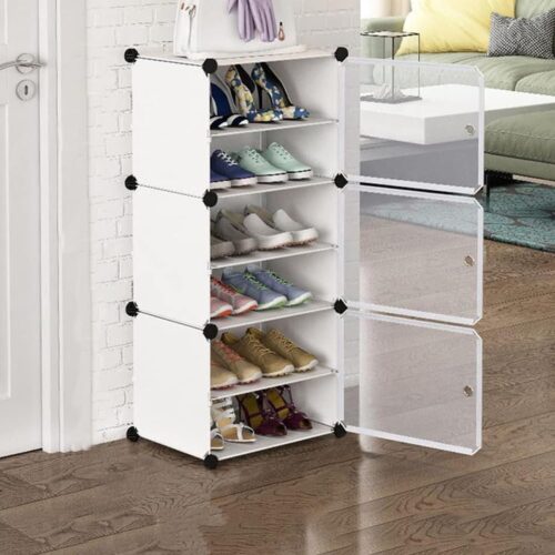 12 Pair - 6 Layer Shoe Rack for Home Plastic Portable Shoe Rack Organizer with Dustproof Door for Heels, slippers, Boots, Multi-Purpose Shelf Shoe Storage Cabinet Stand with Hooks