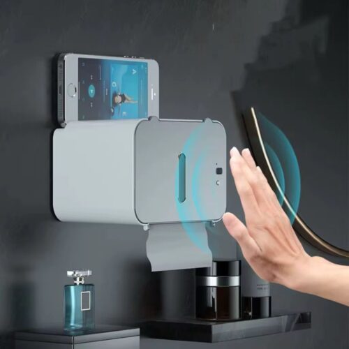 Intelligent Toilet Paper Holder with Induction Sensor – Adhesive Toilet Paper Holder without Drill – Rechargeable Bathroom Holder – Non-Contact Dispenser and Hanger (Blue)
