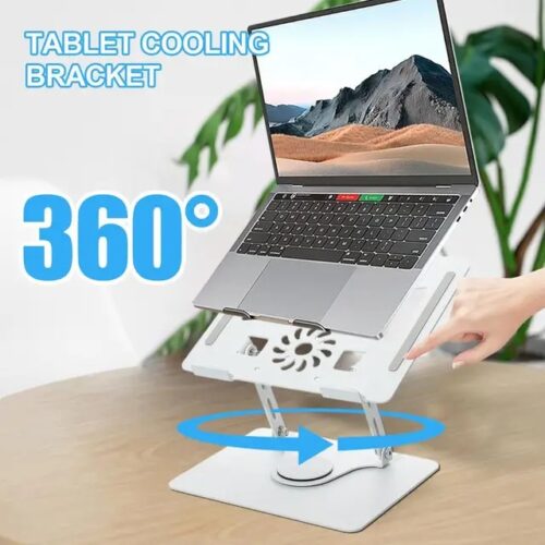 0 Degree Rotating Aluminum Alloy Laptop Stand Cooling 360!Tablet Holder with Foldable Fan Radiator Anti-Slip Lifting