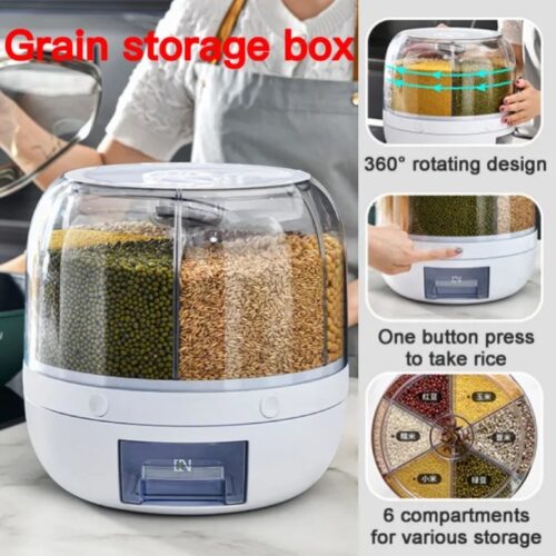 360° Rotate Whole Grain Storage Container Food Dispenser 6 In 1 6-Grid Rice Moistureproof Storage Container Box Kitchen Supplies