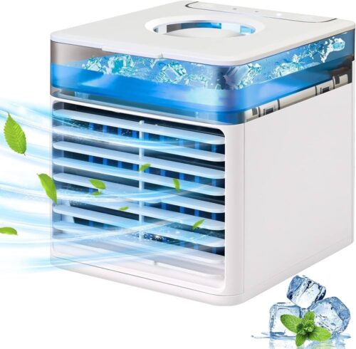 Portable Air Cooler, Evaporative Cooling Fan USB Small Personal Space Air Conditioner Cooler and Humidifier, Air Cooler Desk Fan Cooling with 7 LED Lights for Home Office Ml
