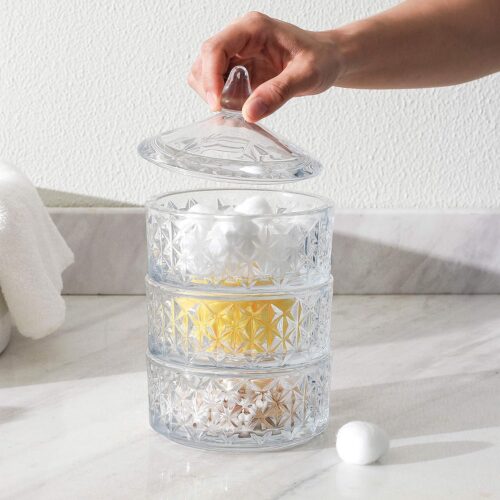 3 Tier/Level Decorative Stackable Pressed Pattern Clear Glass Container/Canister/Organizer/Apothecary Jar Set with Lid - Nice for Cookie/Candy/Snack Display or Kitchen/Bathroom Decoration Dc