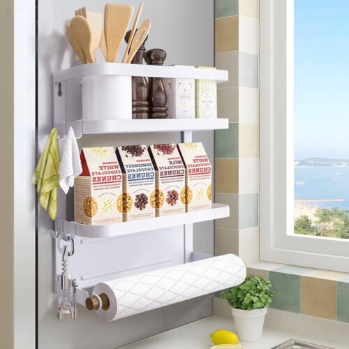 Fridge Spice Rack, Magnetic Shelf with Paper Towel Holder 2 Tier Kitchen Refrigerator Storage Rack (White, Medium Dc