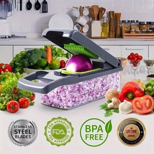 1pc Vegetable Chopper, Multifunctional Fruit Slicer, Handle Food Grater, Vegetable Slicer, Cutter With Container, Onion Mincer Chopper With Multiple Interchangeable Blades, Household Potato Shredder, Kitchen Stuff, Kitchen GadgetsDic