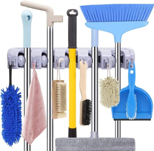 Mop And Broom Holder, Upgraded With Effective Strong Holding 5 Slot Position With 6 Hooks Garage Storage Tools Wall Mounted, Organize Ideas, Standard Size(Plastic lc