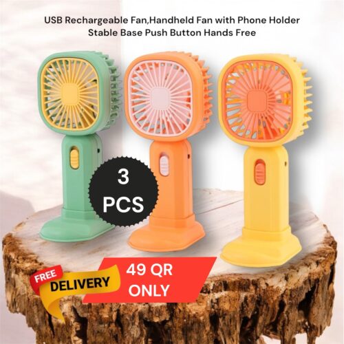 3 PCS 🤩USB Rechargeable Fan,Handheld Fan with Phone Holder Stable Base Push Button Hands Free Large Fan Mini Fan for Stylish Kids Girls Women Men Indoor Outdoor Travelling Orange Square Square ml