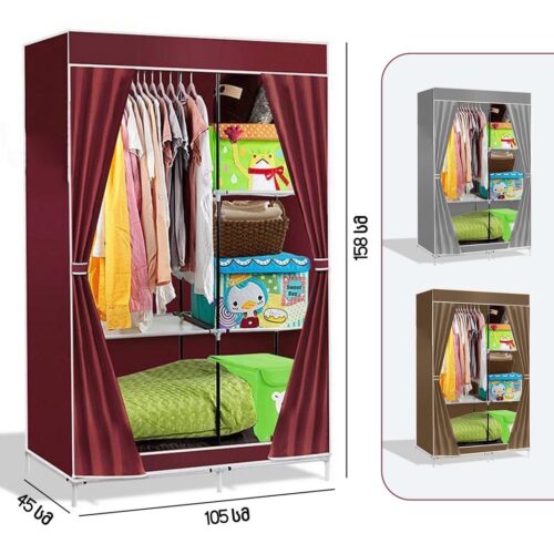 Lockable and Foldable Wardrobe Shelving System with Clothes Rail, other Storage Options and Side Pockets Dimensions: 156 cm x 94.5 cm x 43.5 cm – Cupboard Hanging Rail Lightweight Furniture Camping Bedroom Home Clothes Storage Organizer Rack Shelf Fabric Wardrobe Closet in WINE-RED
