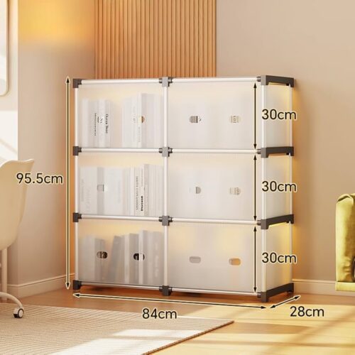 Easy Assembly Book Rack-Dustproof, Space-Saving Storage Organizer for Home and Office Multipurpose Storage Solution (White, Plastic Door and Panels with Metal Frame) (3 Tier Double Section)