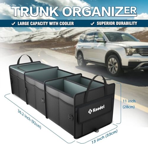Heavy Duty Car 80L Trunk Organizer with Premium Insulated Cooler Bag, 3 Compartments Heavy Duty Foldable for Car, SUV, Truck or Van (Large, Black)
