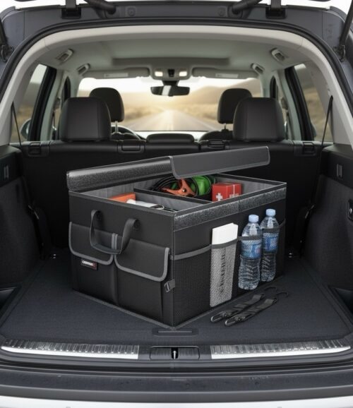 Car Trunk Organizer 57L / 2 Compartments / Non-Slip Bottom / 25 kg Max Load / Sturdy Handles / Mesh Pockets - Black